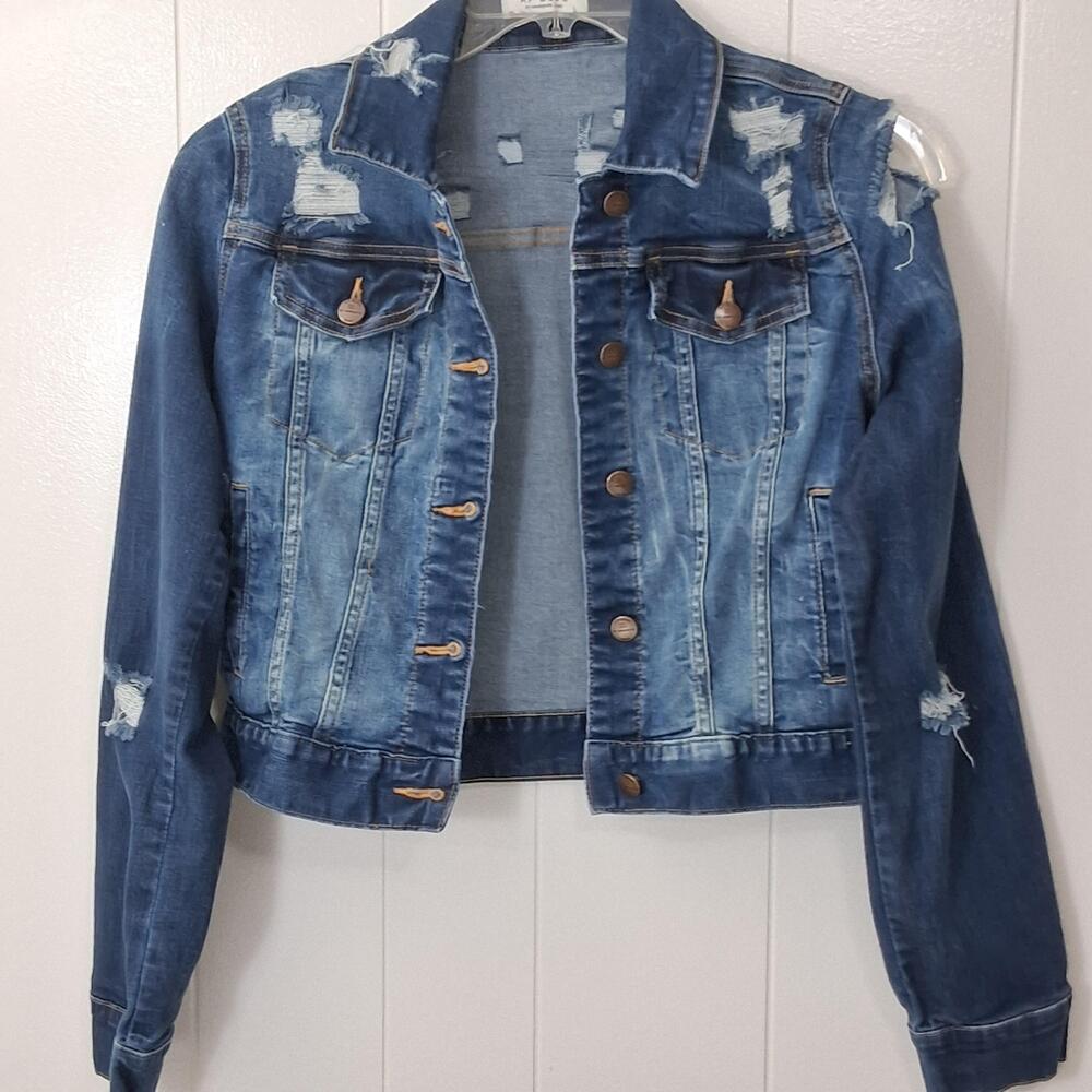 AP BLUE Cropped Stretch Jacket Womens M Thrashed Distressed Grunge